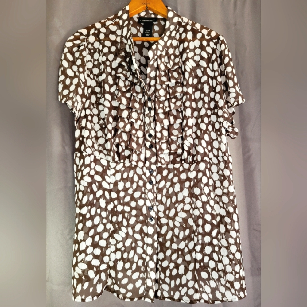 Lane Bryant Brown & White Polka Dot, Sheer Ruffled Front Size 14/16